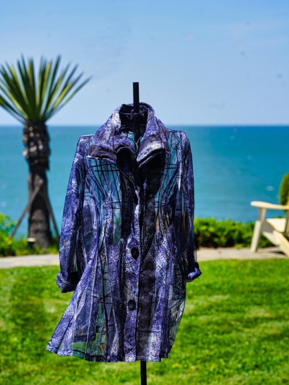 Damee Inc Blue Purple Abstract Sheer Mesh Button Down Lightweight Duster Jacket